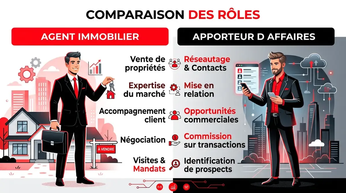 Infographie comparative montrant deux colonnes : agent immobilier vs apporteur d'affaires, avec icôn