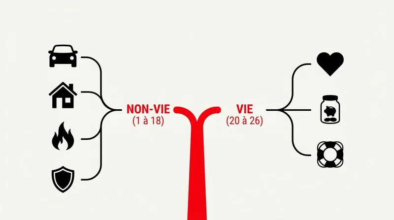 Schéma simplifié des 26 branches d'assurance du Code des assurances classées vie et non-vie