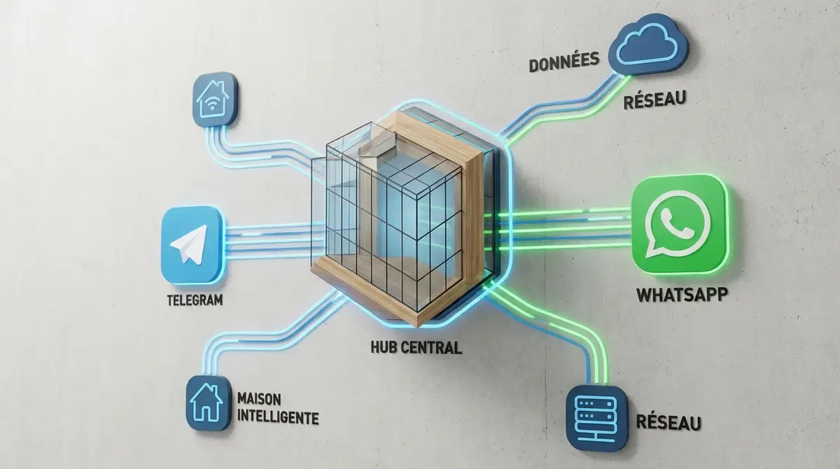 Schéma d'architecture montrant la passerelle Moltbot connectée aux différents services