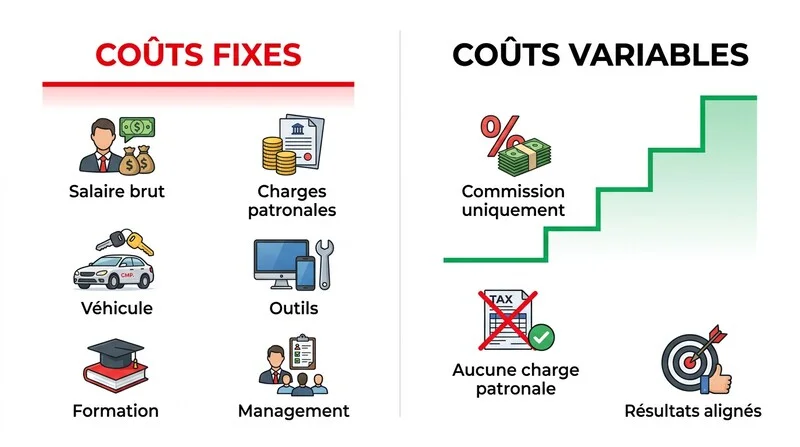 Comparaison visuelle des postes de coût entre un commercial salarié et un agent commercial indépendant mandaté