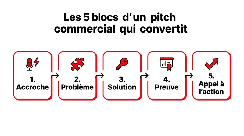 Infographie des cinq étapes du pitch commercial : accroche, problème, solution, preuve, appel à l'action