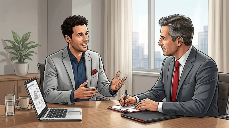 Commercial freelance présentant son pitch commercial à un dirigeant lors d'un rendez-vous