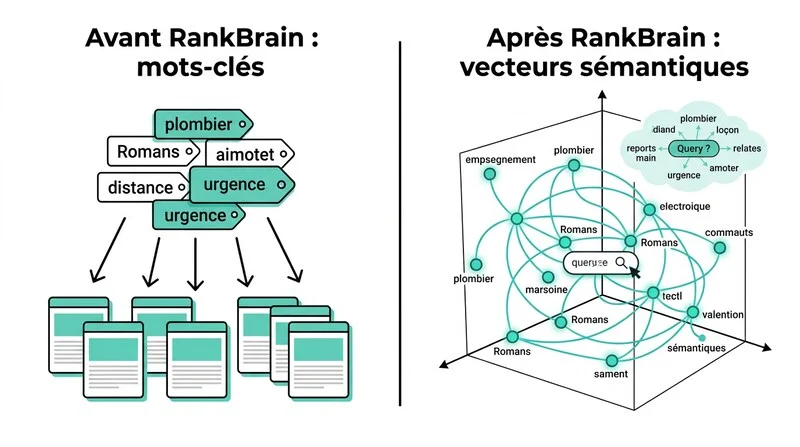 Infographie comparant la recherche par mots-clés avant RankBrain et l'analyse vectorielle sémantique après 2015