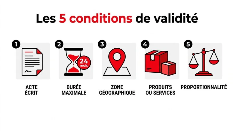 Infographie des 5 conditions de validité d'une clause de non-concurrence en mandat commercial