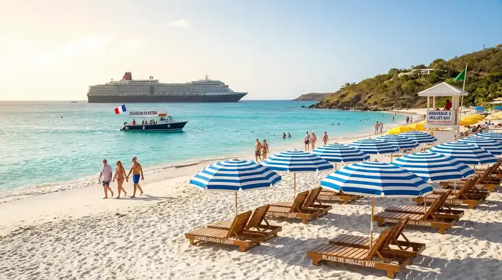 Cruise ship visitors at Mullet Bay Beach