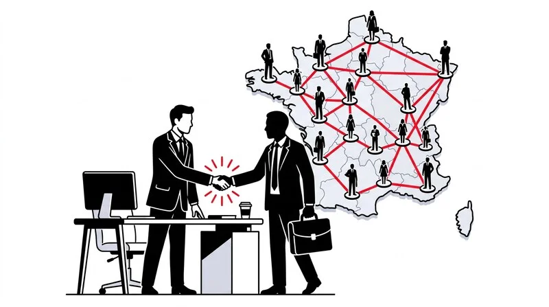 Dirigeant scellant un partenariat avec un commercial indépendant, réseau d'agents répartis sur la France