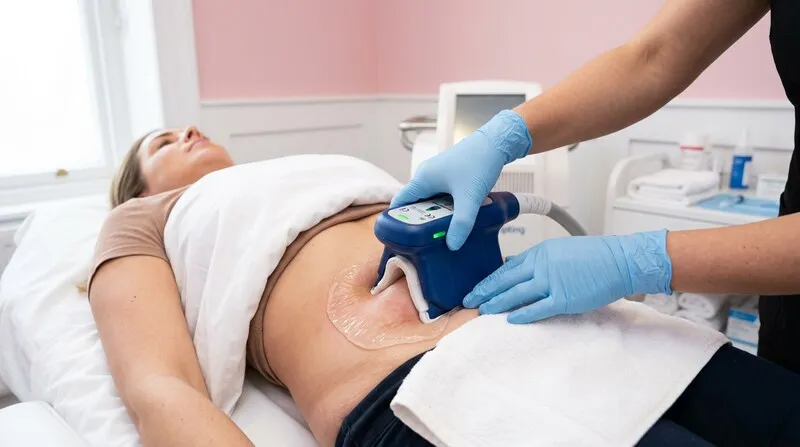 Pose d'un applicateur de cryolipolyse sur le ventre d'une cliente en institut, gel antigel visible
