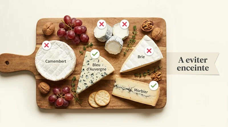 Plateau de fromages avec pictogrammes indiquant les fromages a eviter et autorises pendant la grossesse