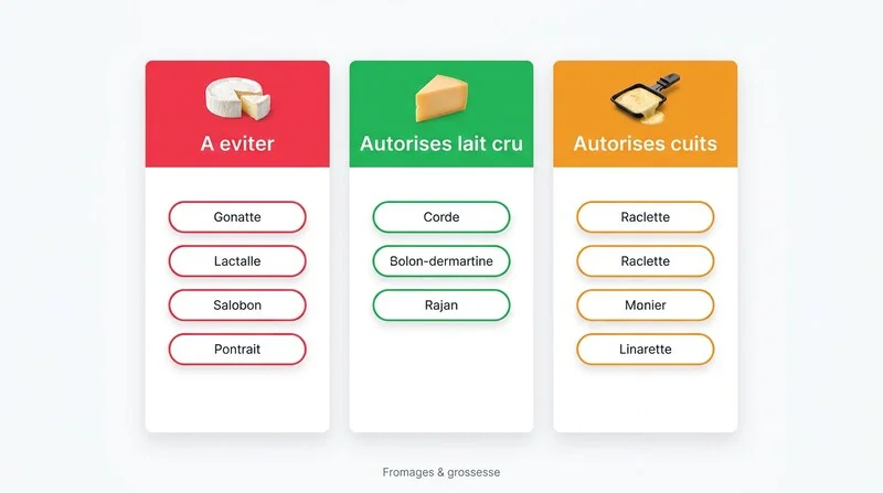 Infographie recapitulative des fromages autorises et interdits pendant la grossesse selon le type de pate