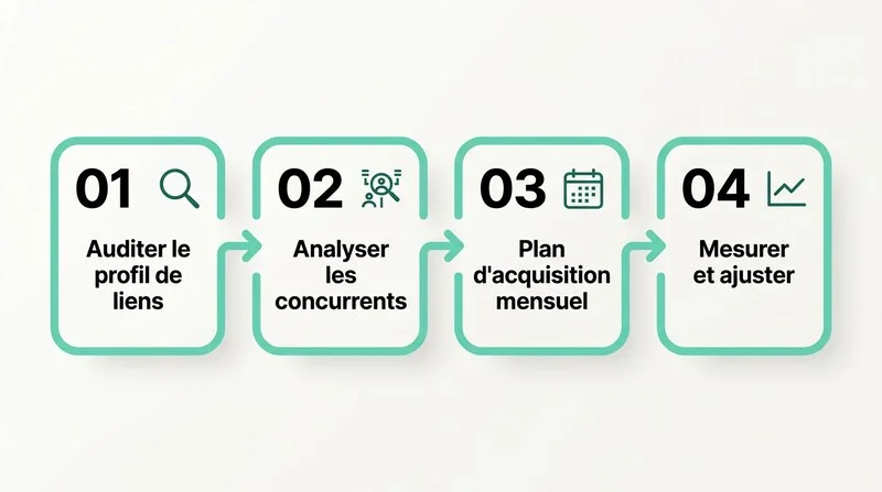 Infographie des 4 étapes d'une stratégie netlinking efficace : audit, analyse, plan, mesure
