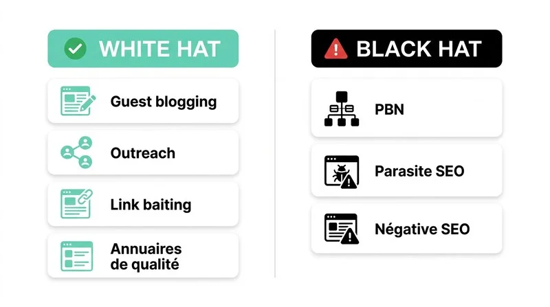 Infographie comparative netlinking white hat vs black hat avec techniques détaillées