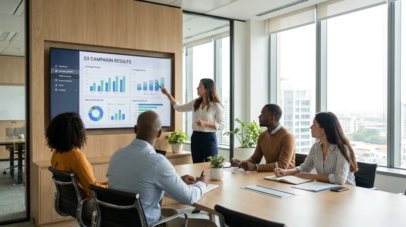 Équipe marketing analysant résultats campagne digitale