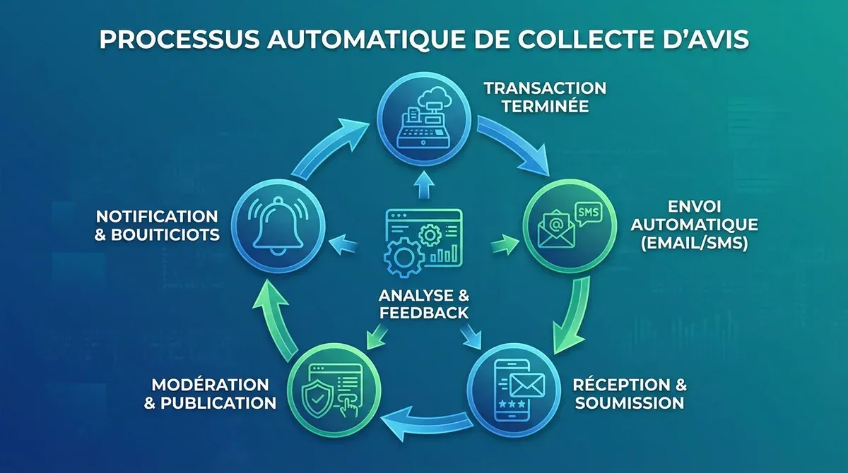 Schéma processus collecte avis automatique avec envoi SMS email
