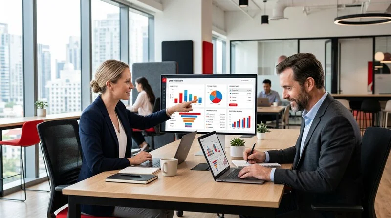 Équipe commerciale analysant une base de prospects sur un dashboard CRM pour prioriser les opportunités