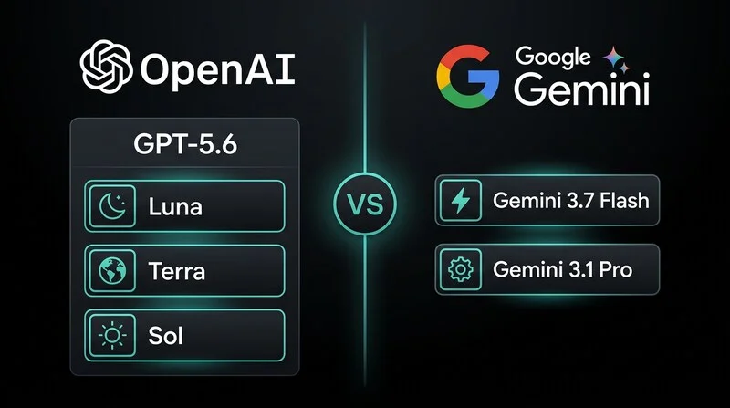 Comparatif illustration Gemini 3.7 Flash et GPT-5.6 Sol face à face en 2026