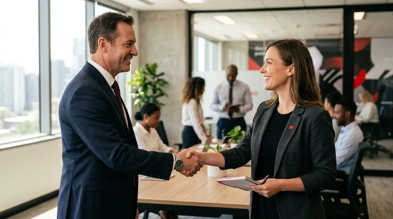 Dirigeant d'entreprise et agent commercial indépendant scellant un partenariat