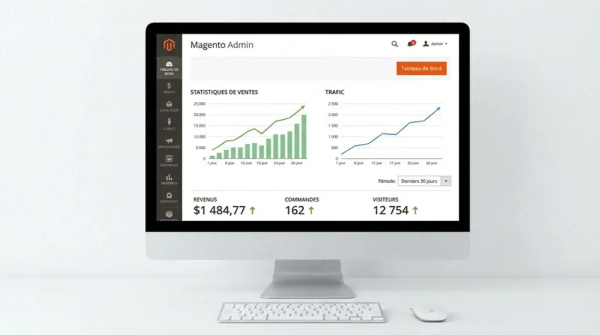 Dashboard Magento avec graphiques de trafic SEO en hausse