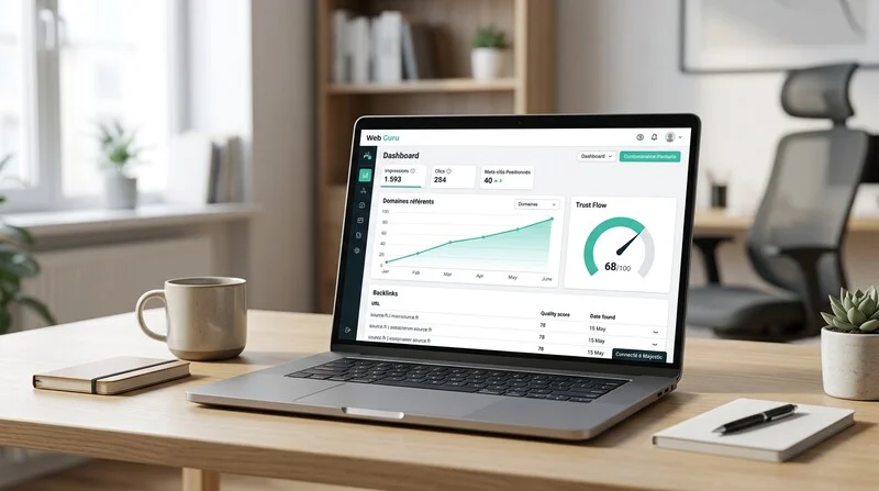 Tableau de bord Web Guru affichant le suivi des backlinks et du Trust Flow, connecté à Majestic