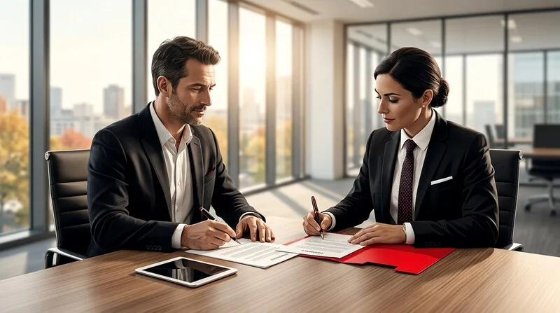 Commercial indépendant signant un mandat avec une compagnie d'assurance à la rentrée